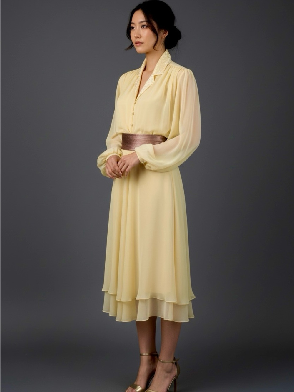 1980s Canary Yellow XANADU Animal Print Silk Chiffon Dress | M